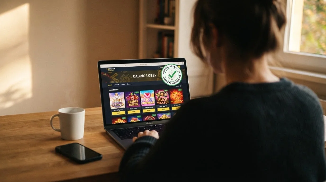 Český hráč u notebooku prohlížející online casino s viditelnou licencí MF ČR