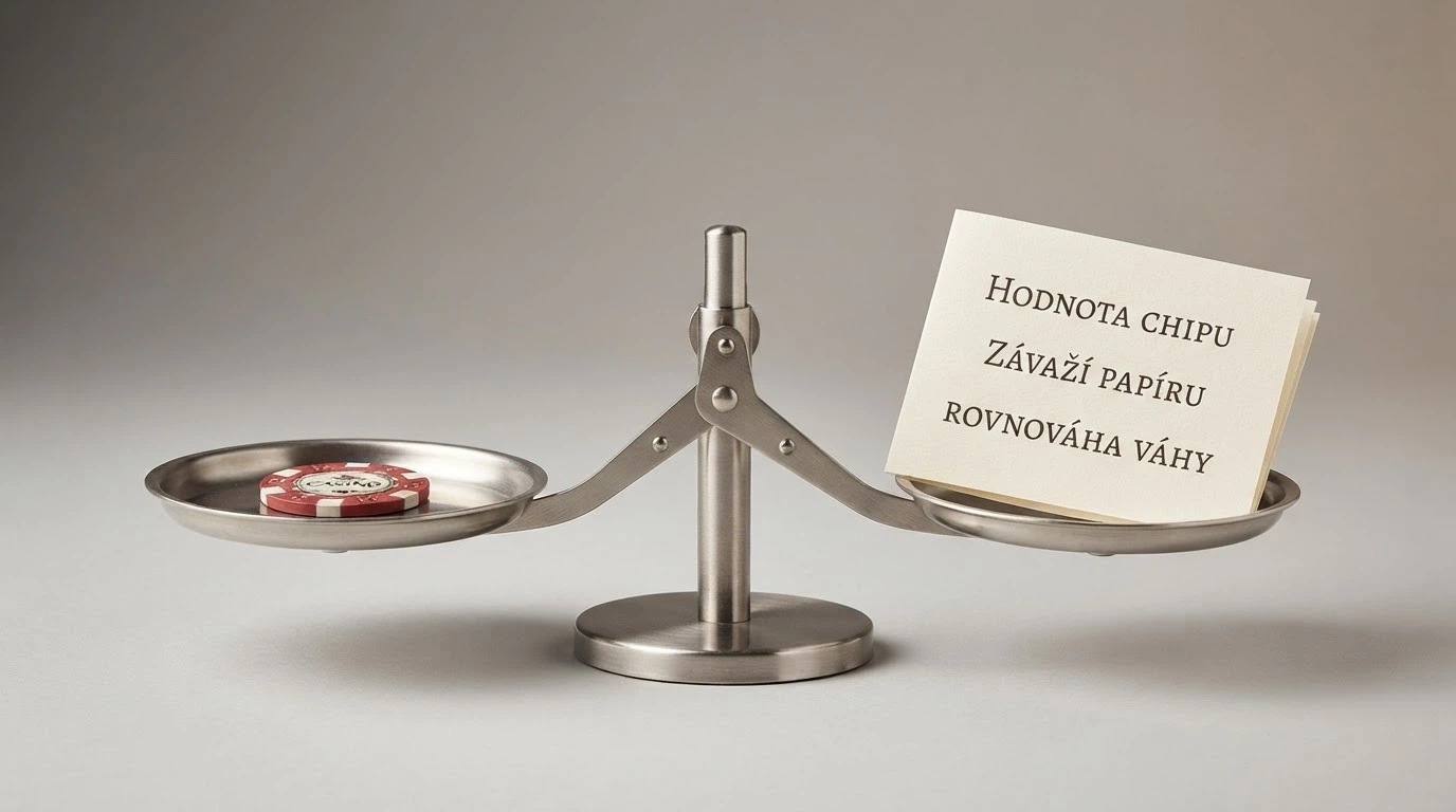 Stylizované váhy — na jedné misce symbol bonusu (dárková krabička), na druhé misce dokument s podmínkami
