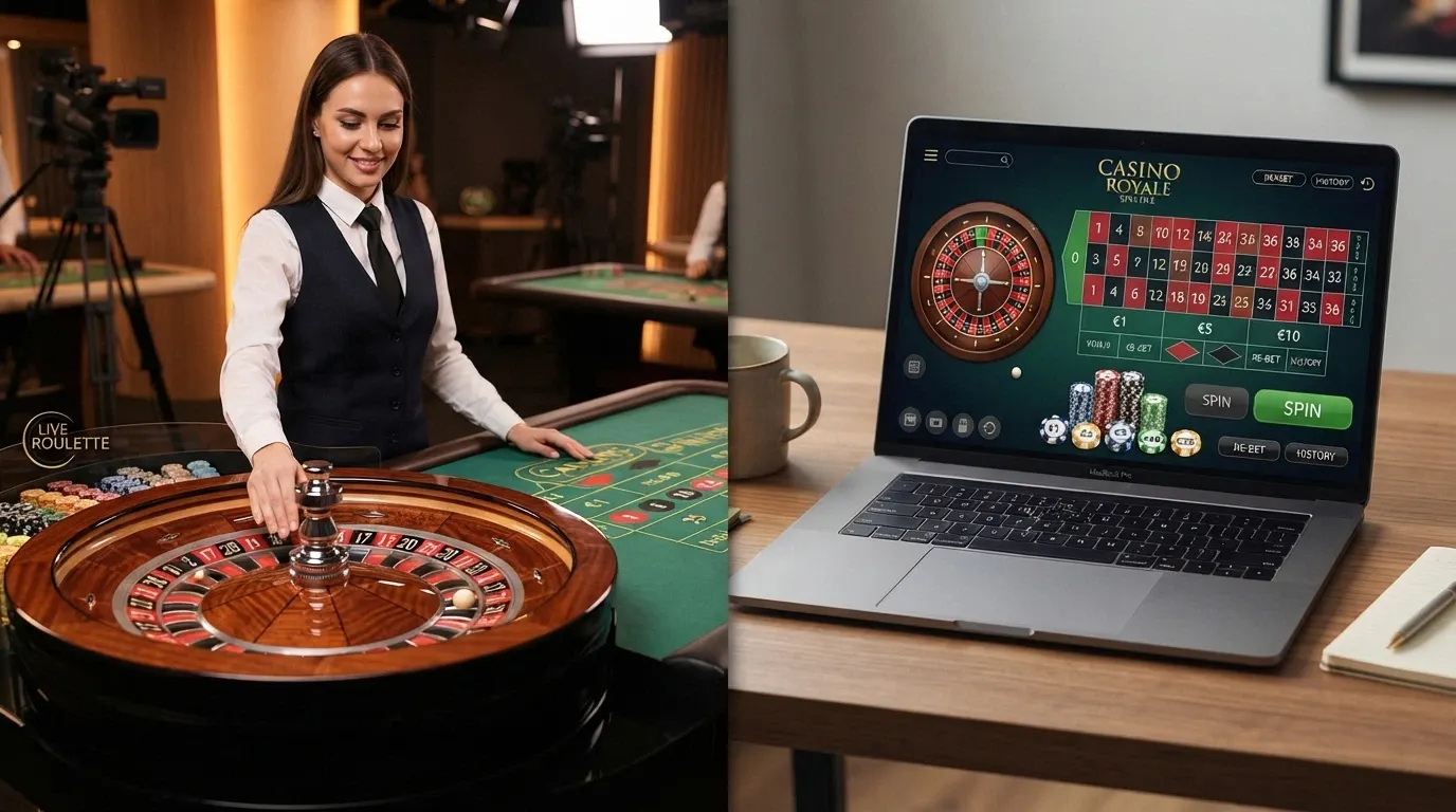 Rozdělený obraz: vlevo živý krupiér u reálného stolu, vpravo digitální rozhraní RNG rulety.