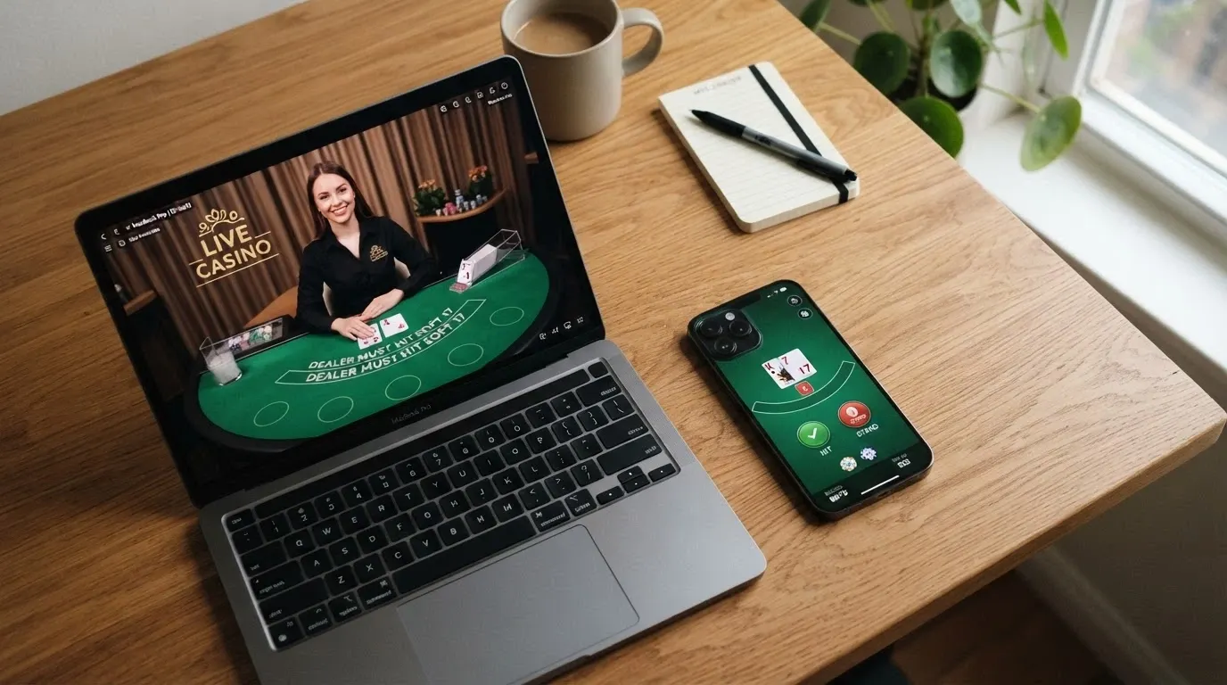 rozdělený obraz: vlevo živý krupiér u blackjackového stolu, vpravo digitální blackjackové rozhraní