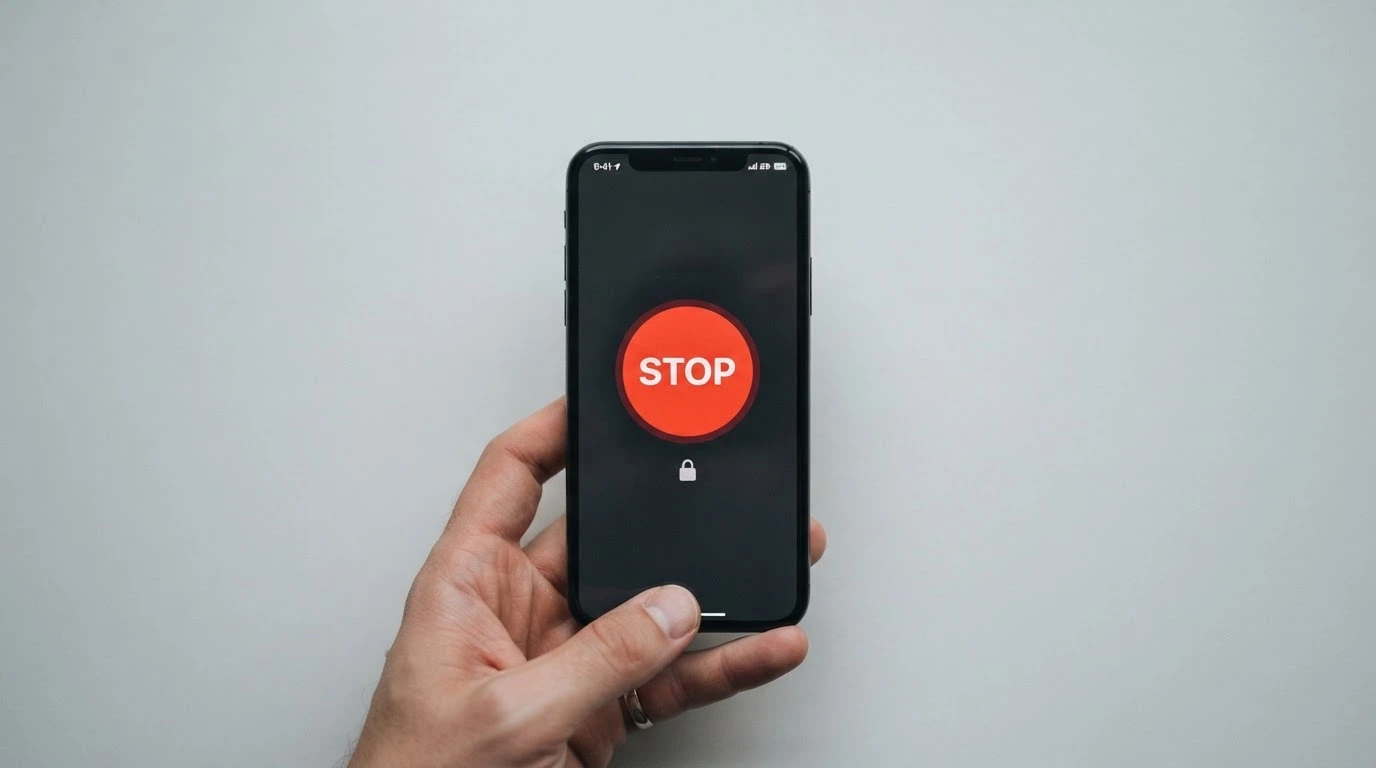 Mobilní telefon s otevřenou aplikací casino, na displeji tlačítko panic button, vedle ikona zámku