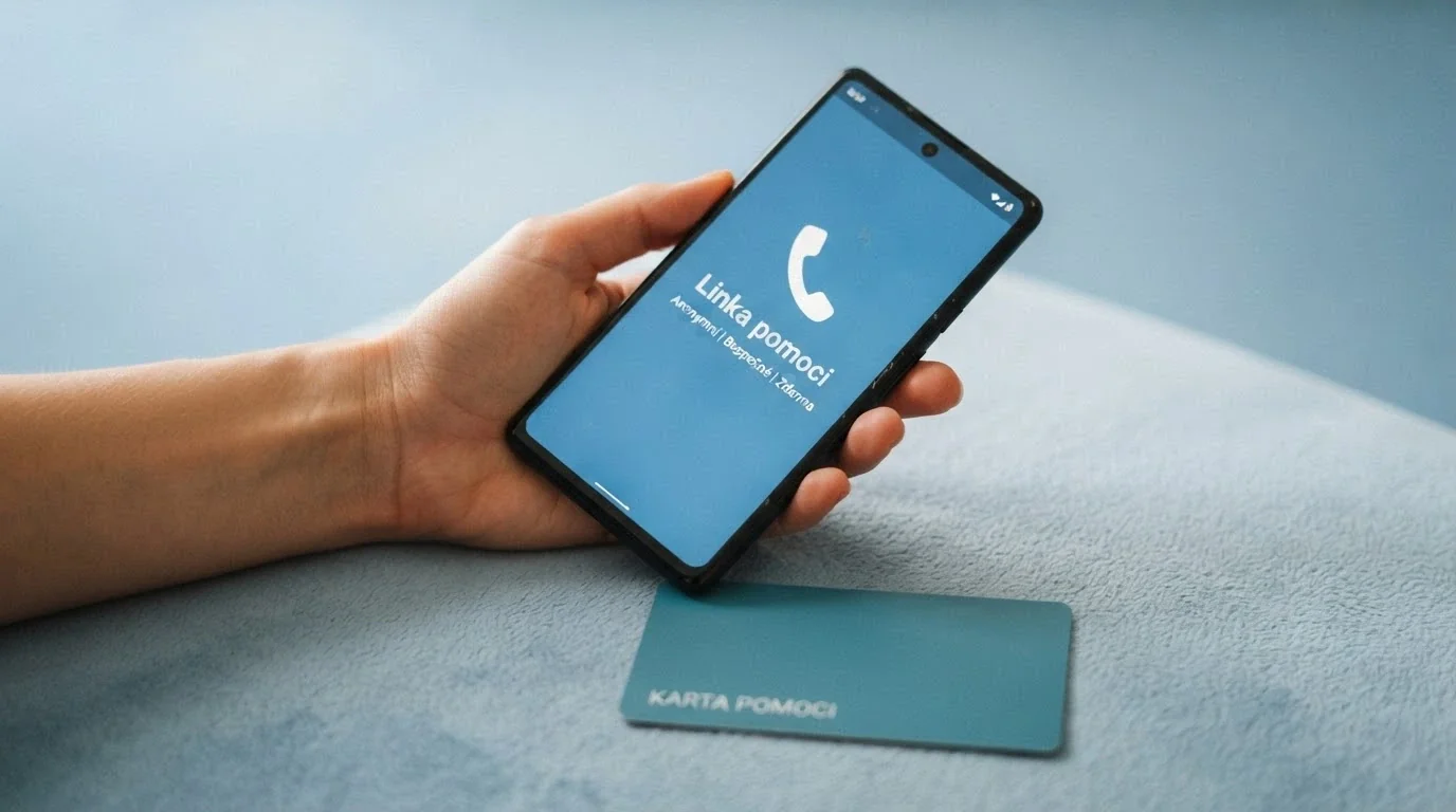 Telefon s vytočeným číslem linky pomoci, v druhé ruce paysafecard kupón, uklidňující modré pozadí