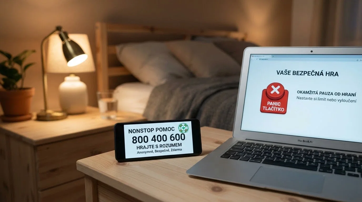 Telefon s číslem Linky pomoci na displeji, vedle něj ikona panic buttonu na monitoru