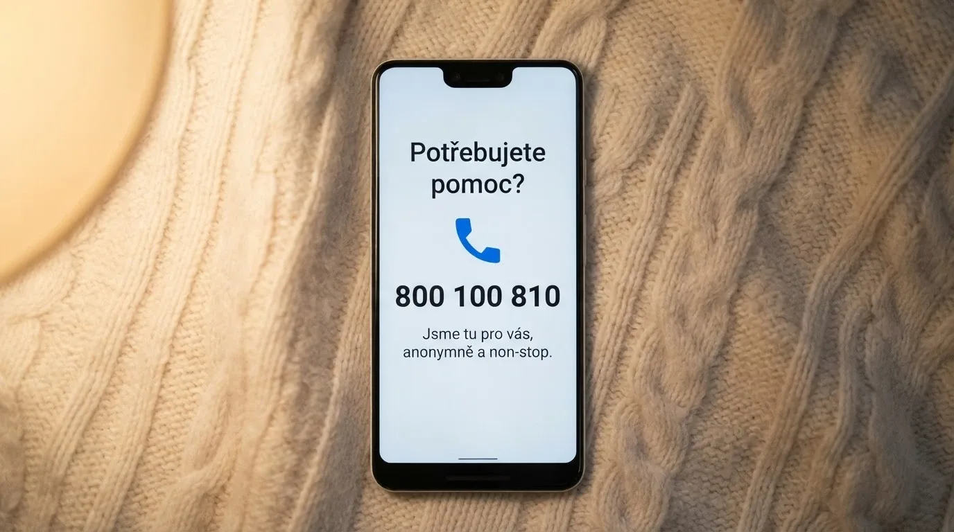 Mobilní telefon s otevřenou stránkou hazardni-hrani.cz a číslem linky pomoci na displeji