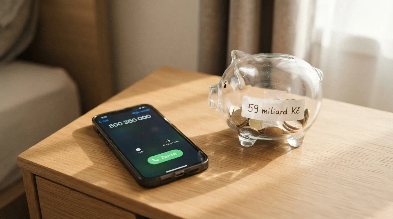 Telefon s vytočeným číslem 800 350 000 na lince pomoci, vedle skleněná kasička s nápisem 59 miliard Kč — roční prohra českých hráčů